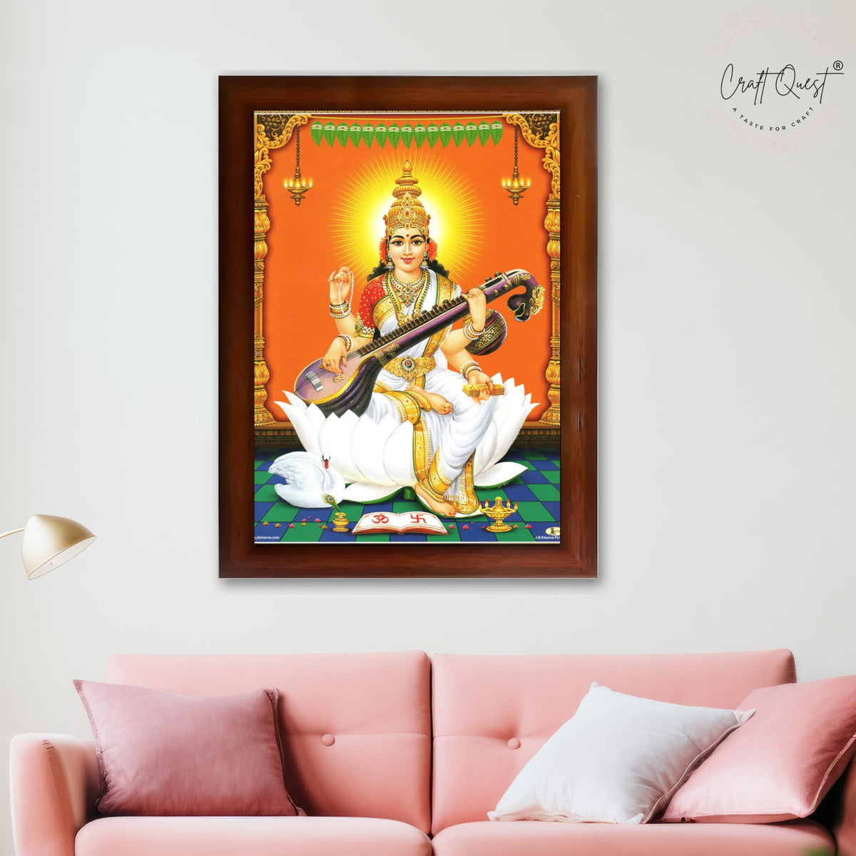 CRAFT QUEST Saraswati Devi Goddess Saraswathi Maa Wall Painting For Home Décor Synthetic wood Framed