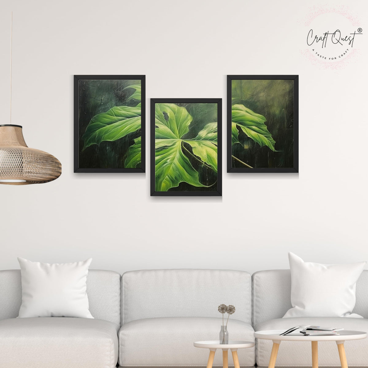 CRAFT QUEST Nature Inspired Painting Of Plant With Green Leaves Wall Art | Set of 3 Frames for Home Decoration | Ideal for Living Room, Bedroom & Offices
