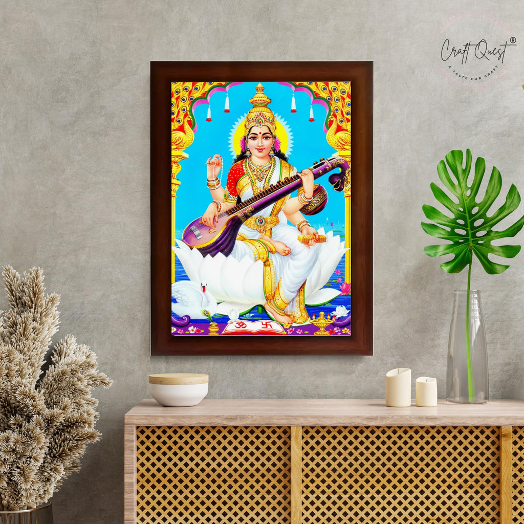 CRAFT QUEST Saraswati Devi Goddess Saraswathi Maa Wall Painting Sparkle Coated Framed Home Décor Synthetic wood Frame