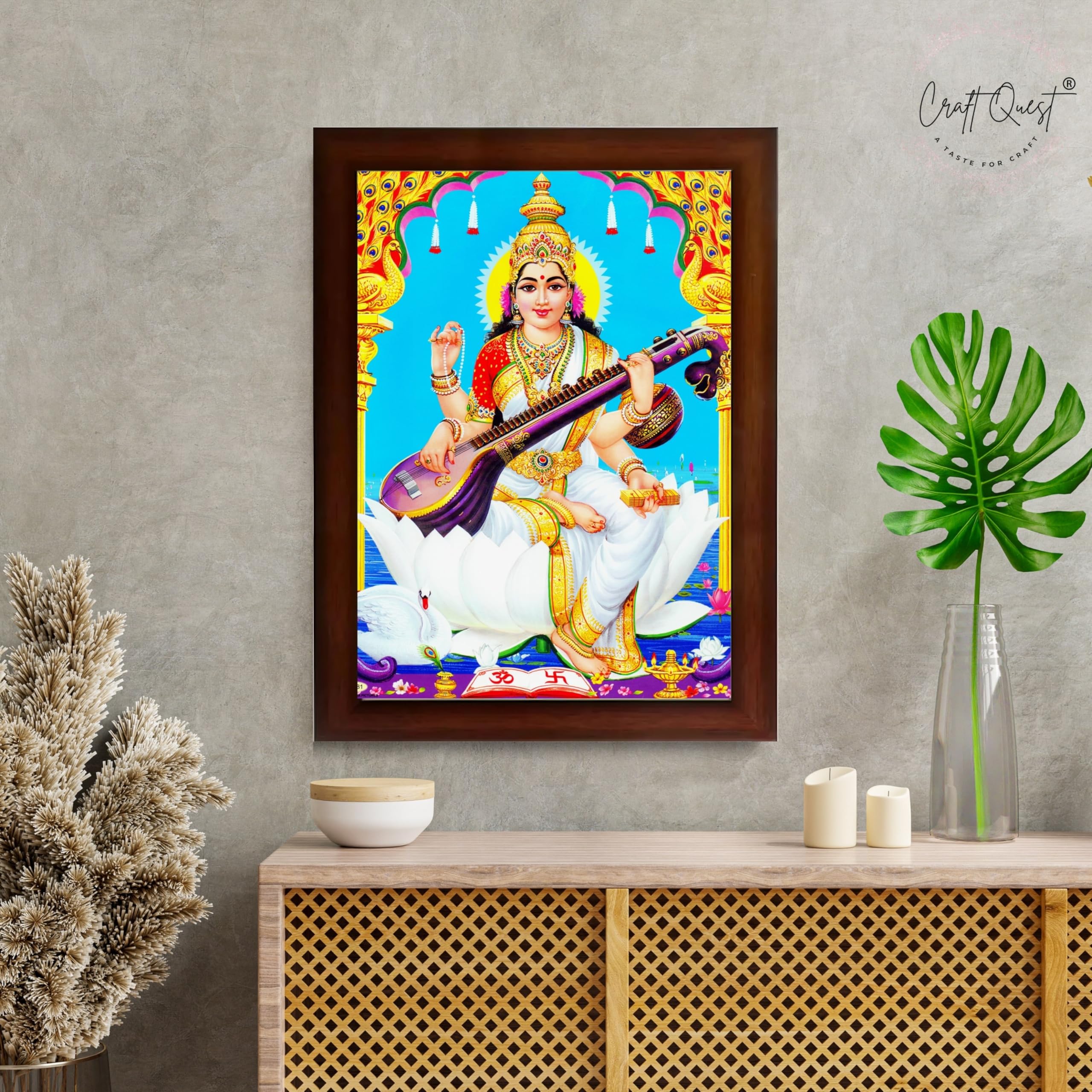 CRAFT QUEST Saraswati Devi Goddess Saraswathi Maa Wall Painting Sparkle Coated Framed Home Décor Synthetic wood Frame