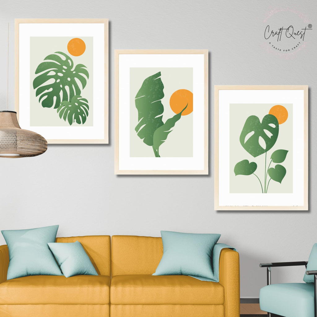 CRAFT QUEST Nature Inspired Abstract Gradient Tropical Leaf Wall Art | Set of 3 Frames for Home Decoration | Ideal for Living Room, Bedroom & Offices