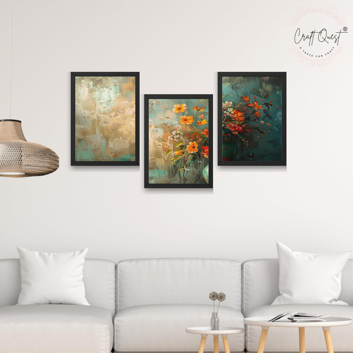 CRAFT QUEST Nature Inspired Paintings Of Flowers Wall Art | Set of 3 Frames for Home Decoration | Ideal for Living Room, Bedroom & Office