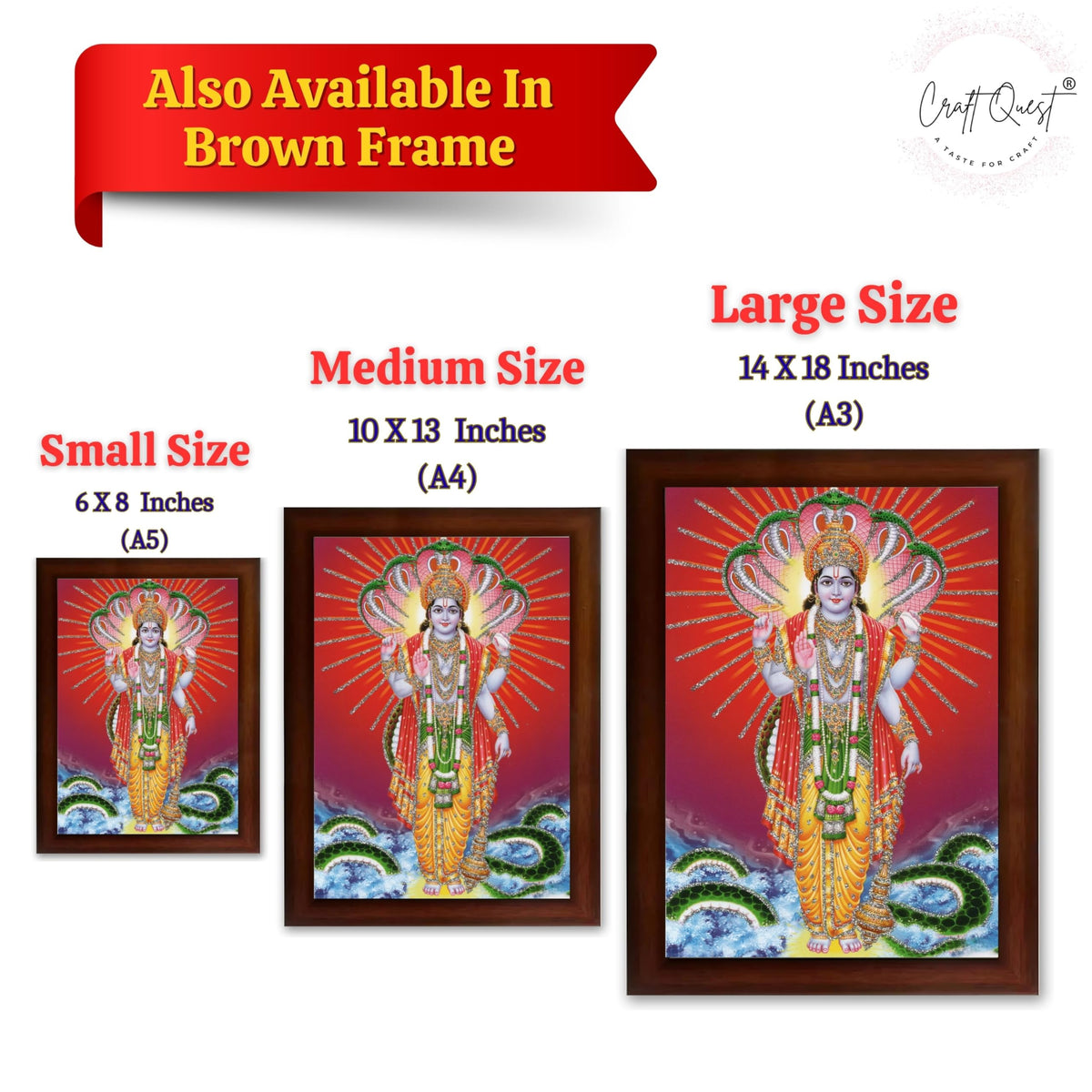 CRAFT QUEST Lord Vishnu Bhagwan Narayan Murti Mahavishnu Wall Painting Framed Home Décor, Religious Photo Frame