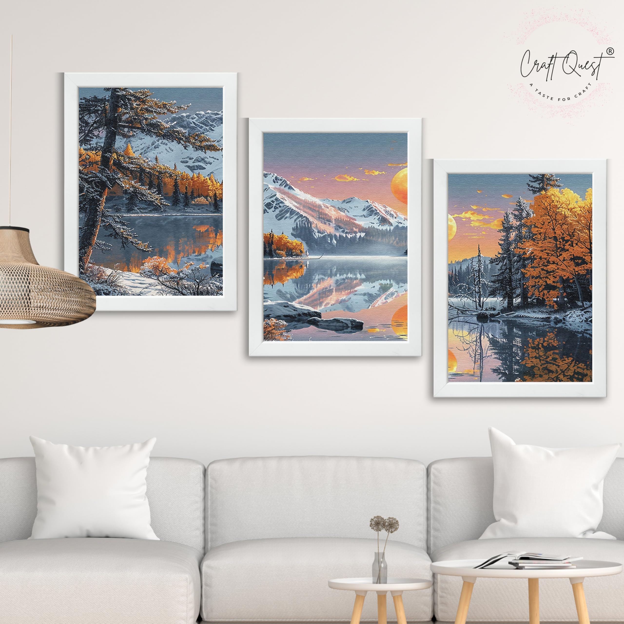 CRAFT QUEST Modern Art Paintings With Lake & Mountains Wall Art | Set of 3 Frames for Home Decoration | Ideal for Living Room, Bedroom & Offices