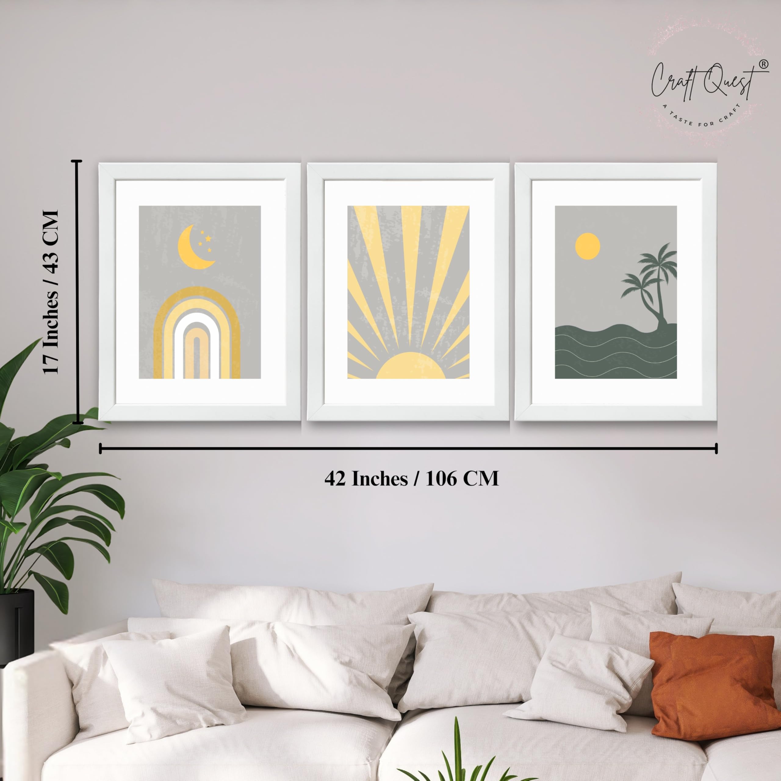 CRAFT QUEST Wall Art Decor Paintings | Set of 3 BOHO Wall Art Frames for Home Decoration | Ideal for Living Room, Bedroom & Offices
