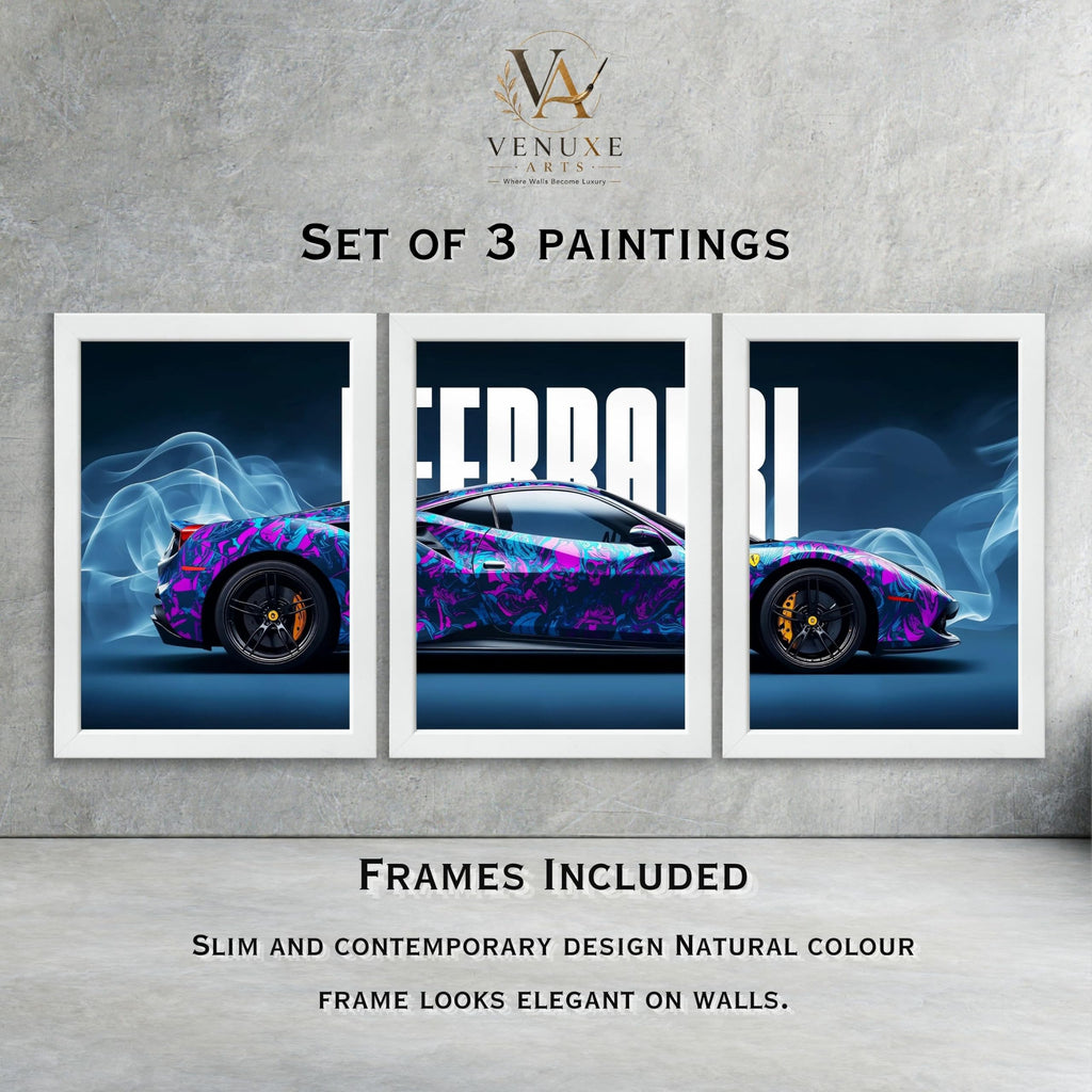 VENUXE ARTS Set Of 3 Big Sports Cars Framed Posters Gift Items for Boys Room Wall Decoration Bedroom Living Room Office Studio Décor | Car Poster Frame for Wall Décor