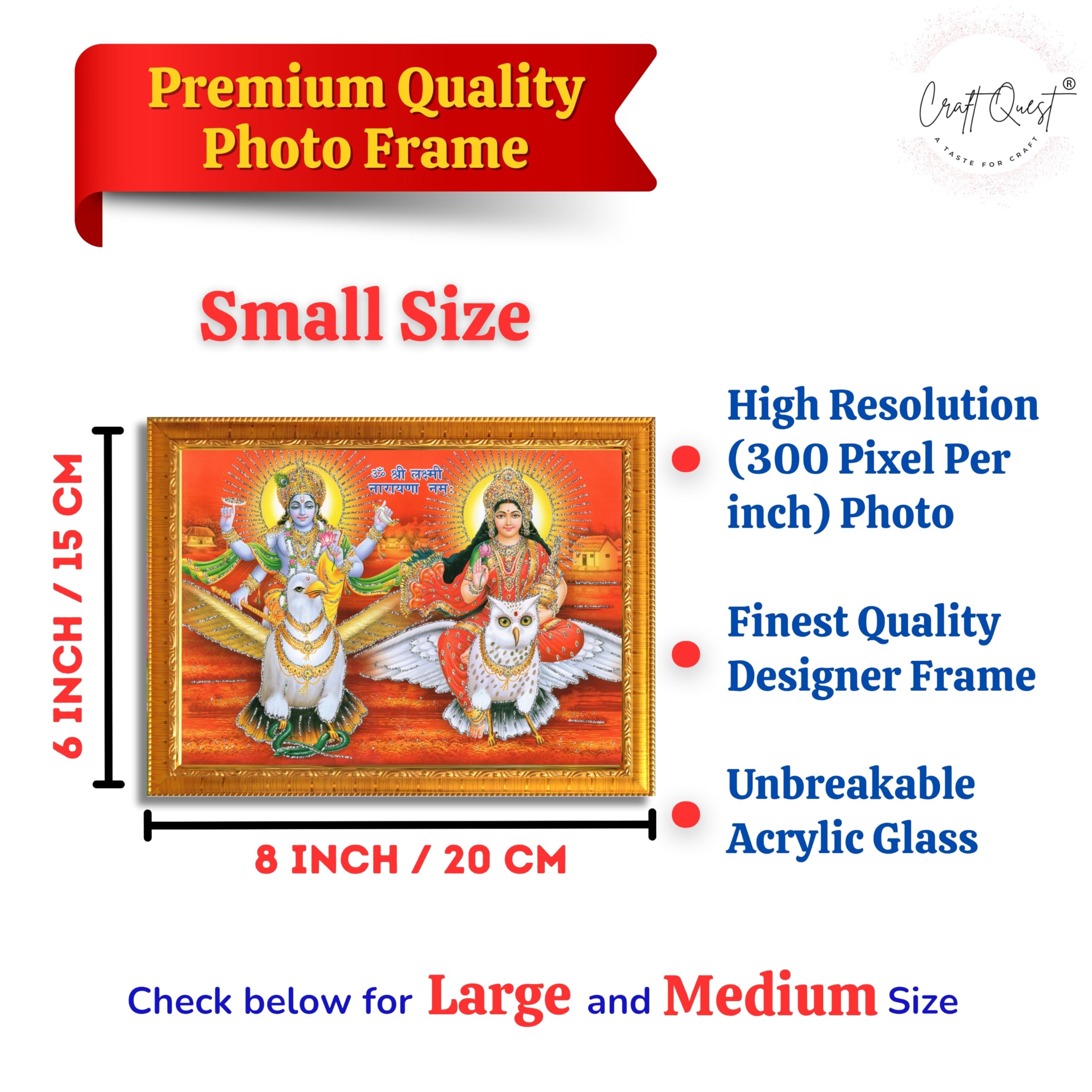 CRAFT QUEST Lord Vishnu and Goddess Lakshmi Giving Blessing on Garud Jii, Glitter Work Painting wooden frame