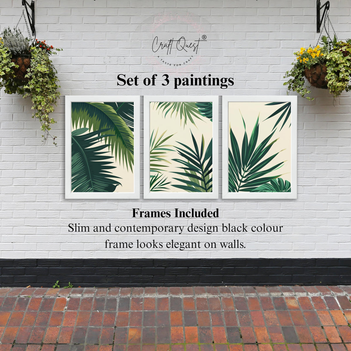CRAFT QUEST Nature Inspired Tropical Palm Leaves Modern Wall Art | Set of 3 Frames for Home Decoration | Ideal for Living Room, Bedroom & Offices