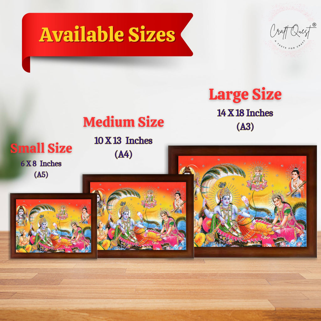 CRAFT QUEST Goddess Lakshmi pressing legs of lord Vishnu on Shesh naag, Glitter Work Painting wooden frame