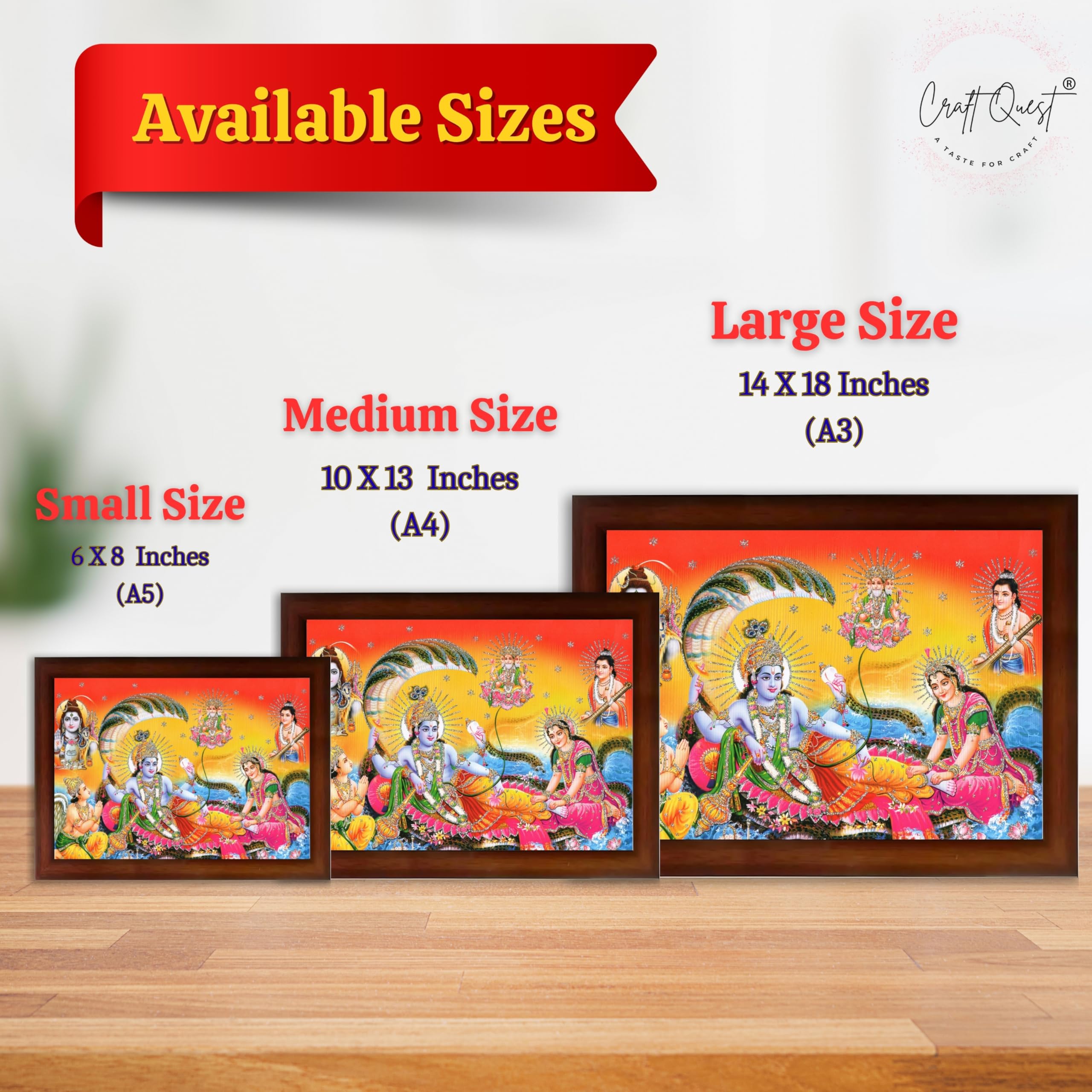 CRAFT QUEST Goddess Lakshmi pressing legs of lord Vishnu on Shesh naag, Glitter Work Painting wooden frame