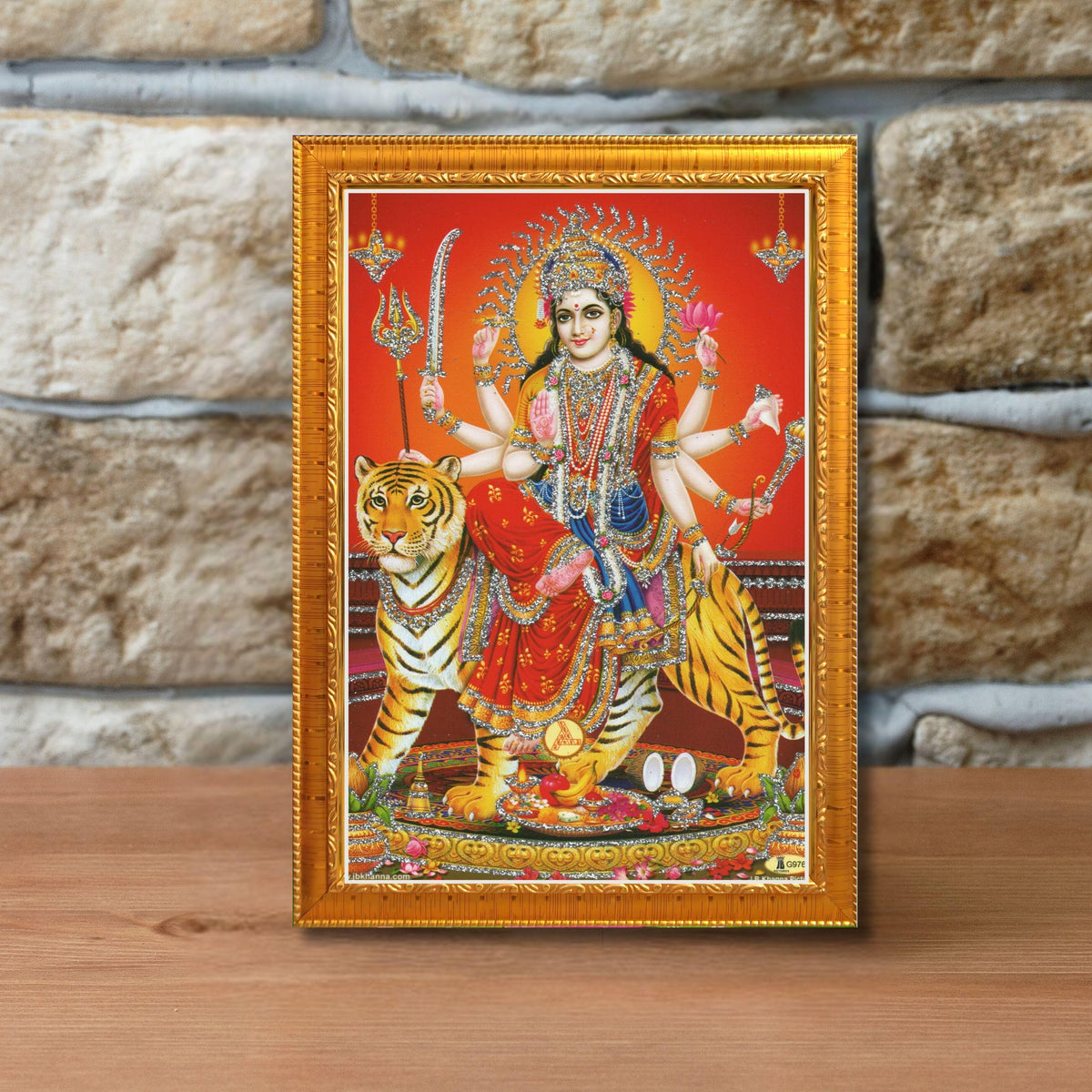 CRAFT QUEST Durga maa photo with Golden frame, God Religious Framed Painting (Small Size, 8 X 6 Inches)