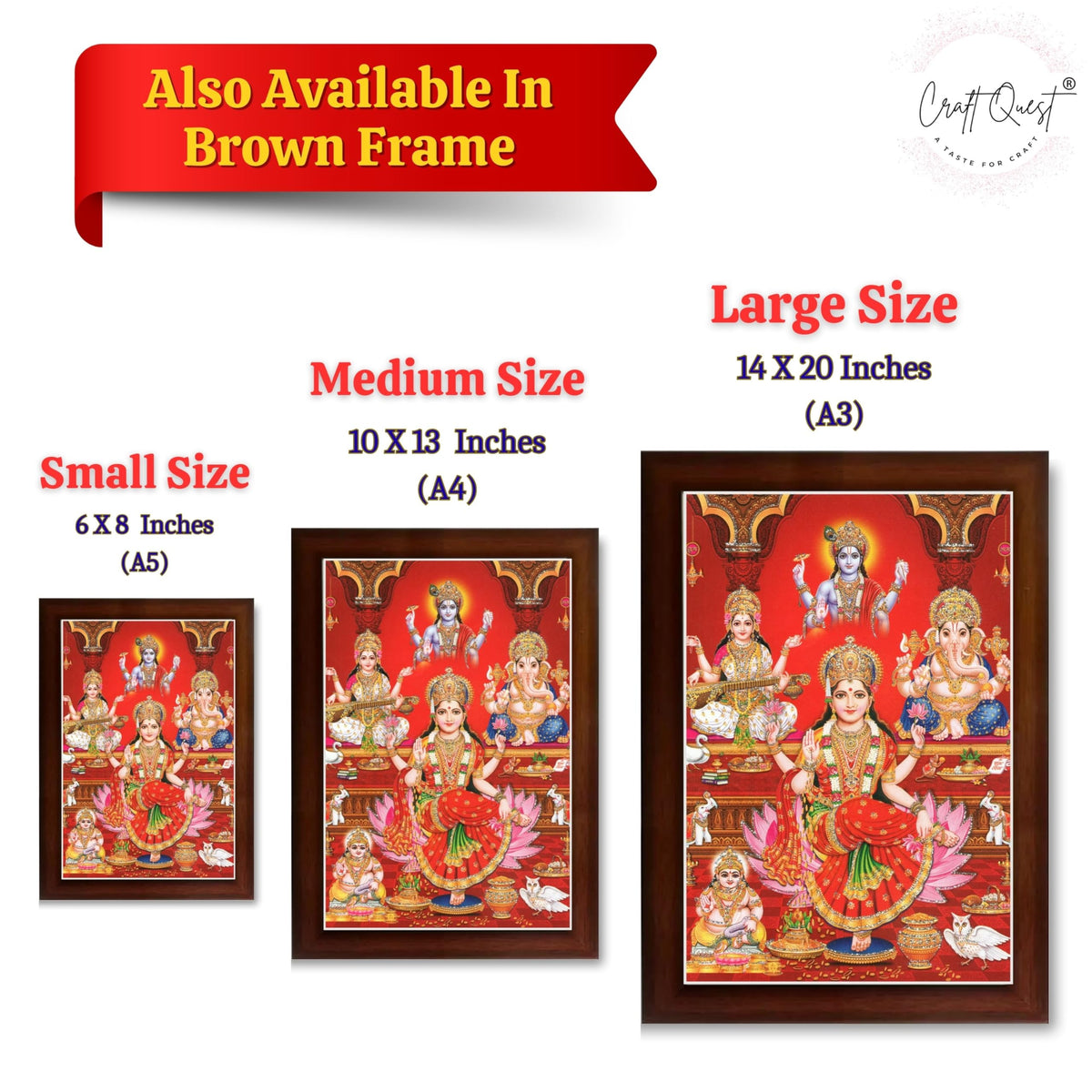 CRAFT QUEST Lakshmi Devi Ganesha Saraswati Ganesh ji Hanging Wall Painting Framed Home and Pooja Decor Hindu Bhagwan Devi Devta Photo Frame