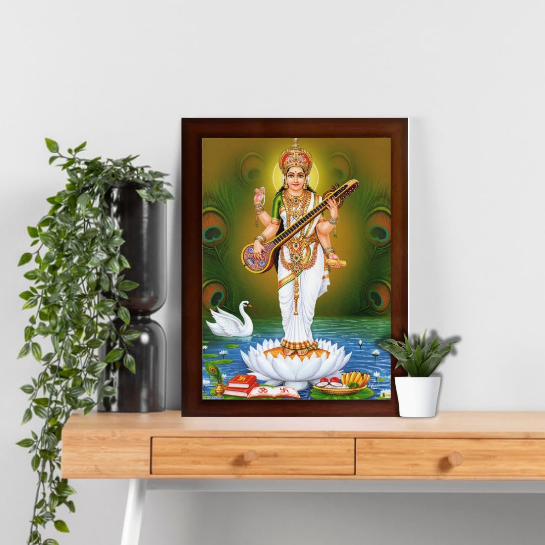 Craft Quest Saraswati Devi Goddess Saraswathi Maa Wall Painting Sparkle Coated Framed Home Decor (Wood, Matte, Brown, Large Size, 14 X 10 Inches)