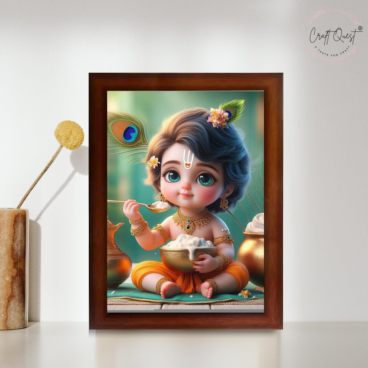 CRAFT QUEST Cute Baby Krishna HD Print | Little Krishna Frame for Home Temple, Office Desk, Car Dashboard