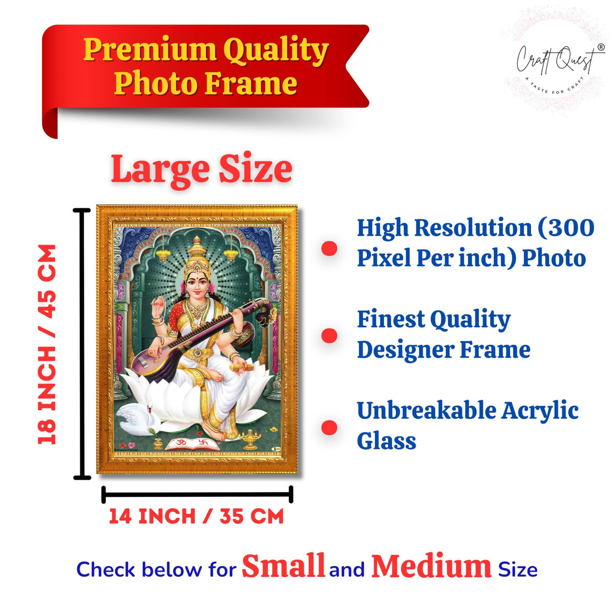 CRAFT QUEST Saraswati Devi Goddess Saraswathi Maa Wall Painting Sparkle Coated Framed Home Décor Synthetic wood