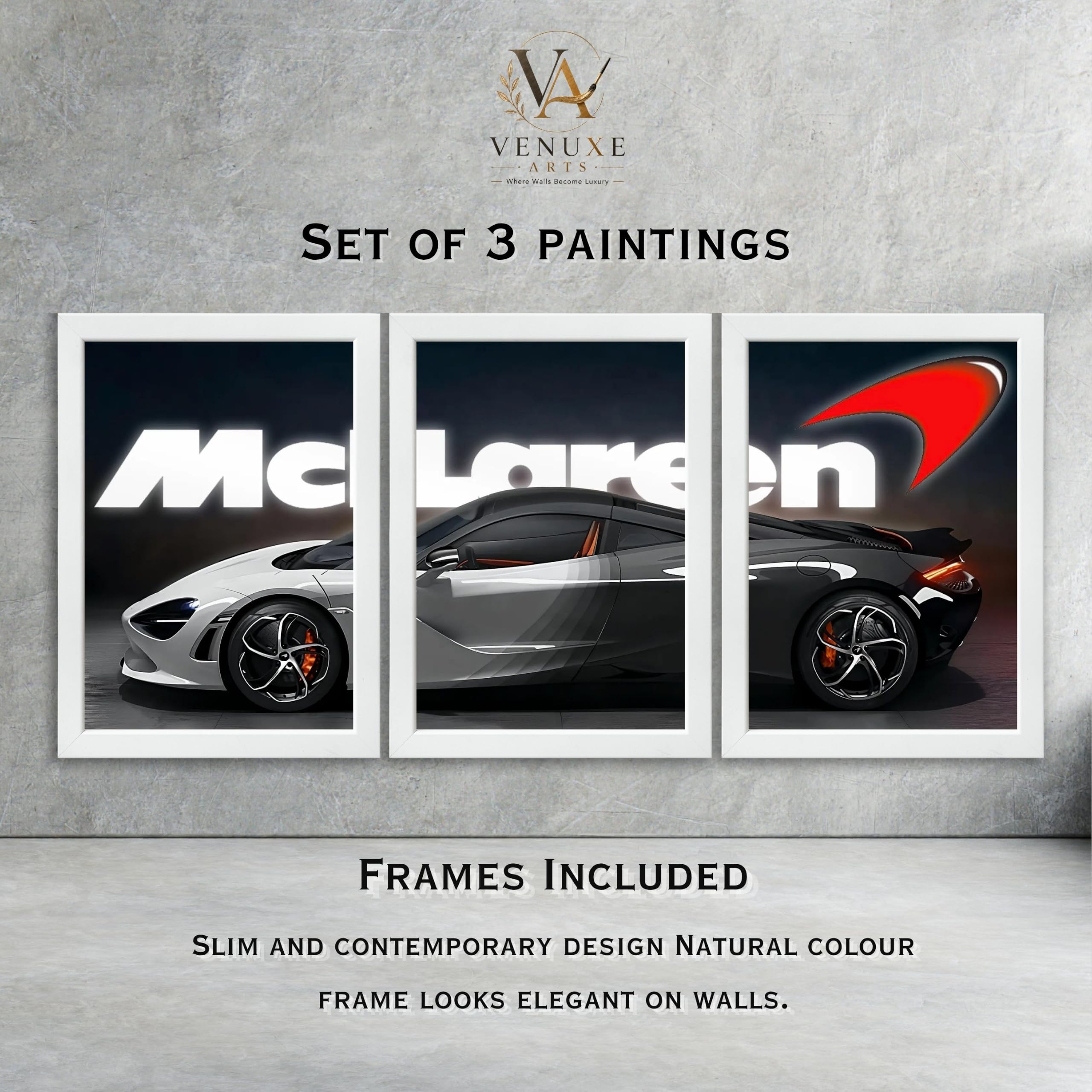 VENUXE ARTS Set Of 3 Big Sports Cars Framed Posters Gift Items for Boys Room Wall Decoration Bedroom Living Room Office Studio Décor | Car Poster Frame for Wall Décor