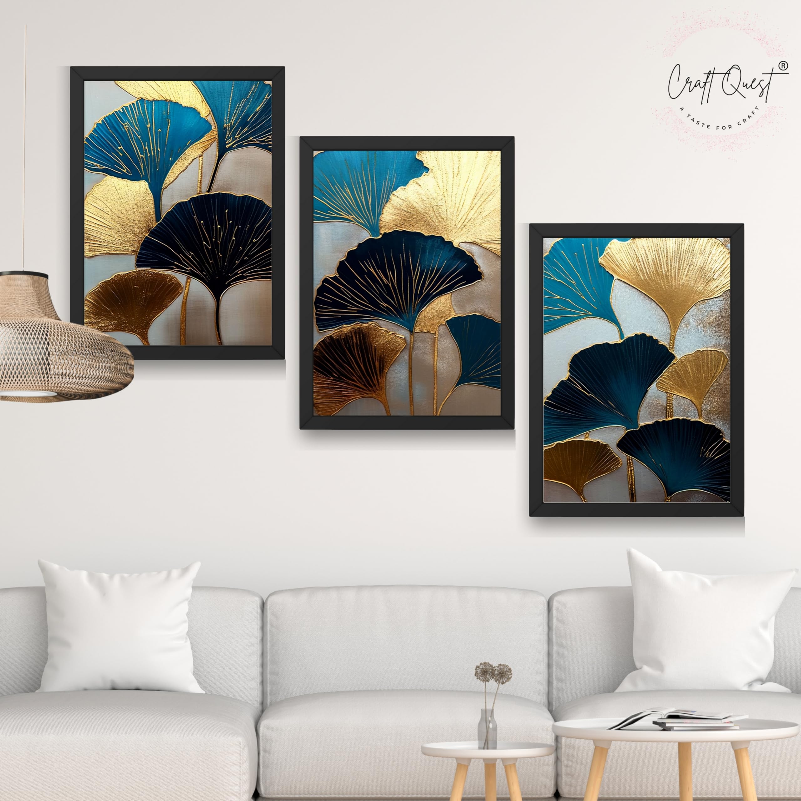 CRAFT QUEST Modern Art Abstract Aureate Geometry Wall Art | Set of 3 Frames for Home Decoration | Ideal for Living Room, Bedroom & Offices
