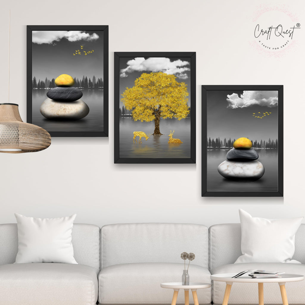 CRAFT QUEST Modern Art Geometric Landscapes Wall Art | Set of 3 Frames for Home Decoration | Ideal for Living Room, Bedroom & Offices