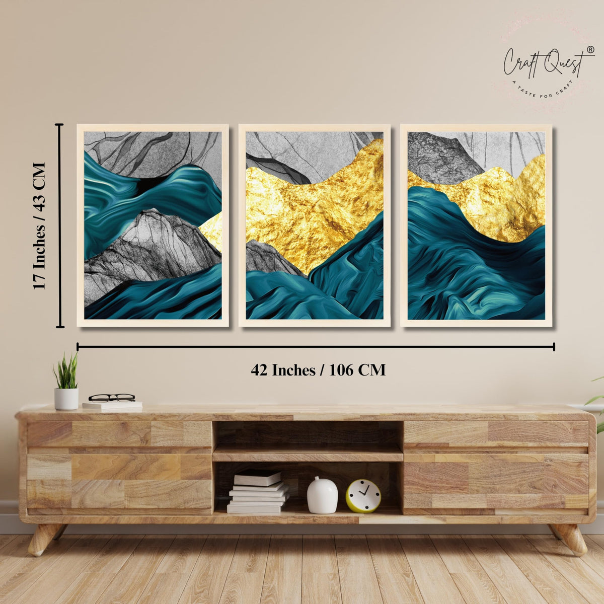 CRAFT QUEST Modern Art Abstract Golden Fashion Wall Art | Set of 3 Frames for Home Decoration | Ideal for Living Room, Bedroom & Offices