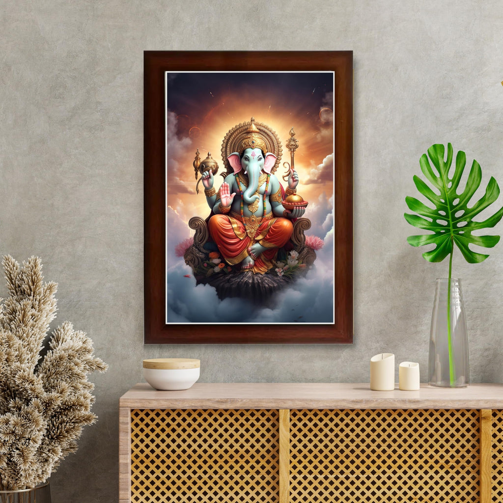 CRAFT QUEST God Ganesha Ganpati ji Photo Frame Wall Decor Mandir Pooja Poster Religious Painting Divine Hindu Temple Decoration Spiritual Blessings Home Office Gift