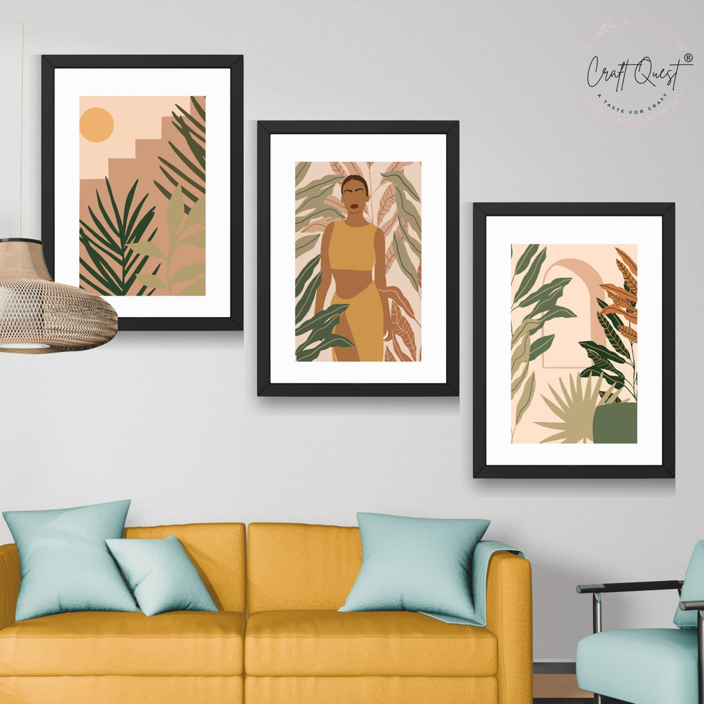 CRAFT QUEST Beautiful Abstract Of American Woman & Tropical Leaves Wall Art | Set of 3 Frames for Home Decoration | Ideal for Living Room, Bedroom & Offices