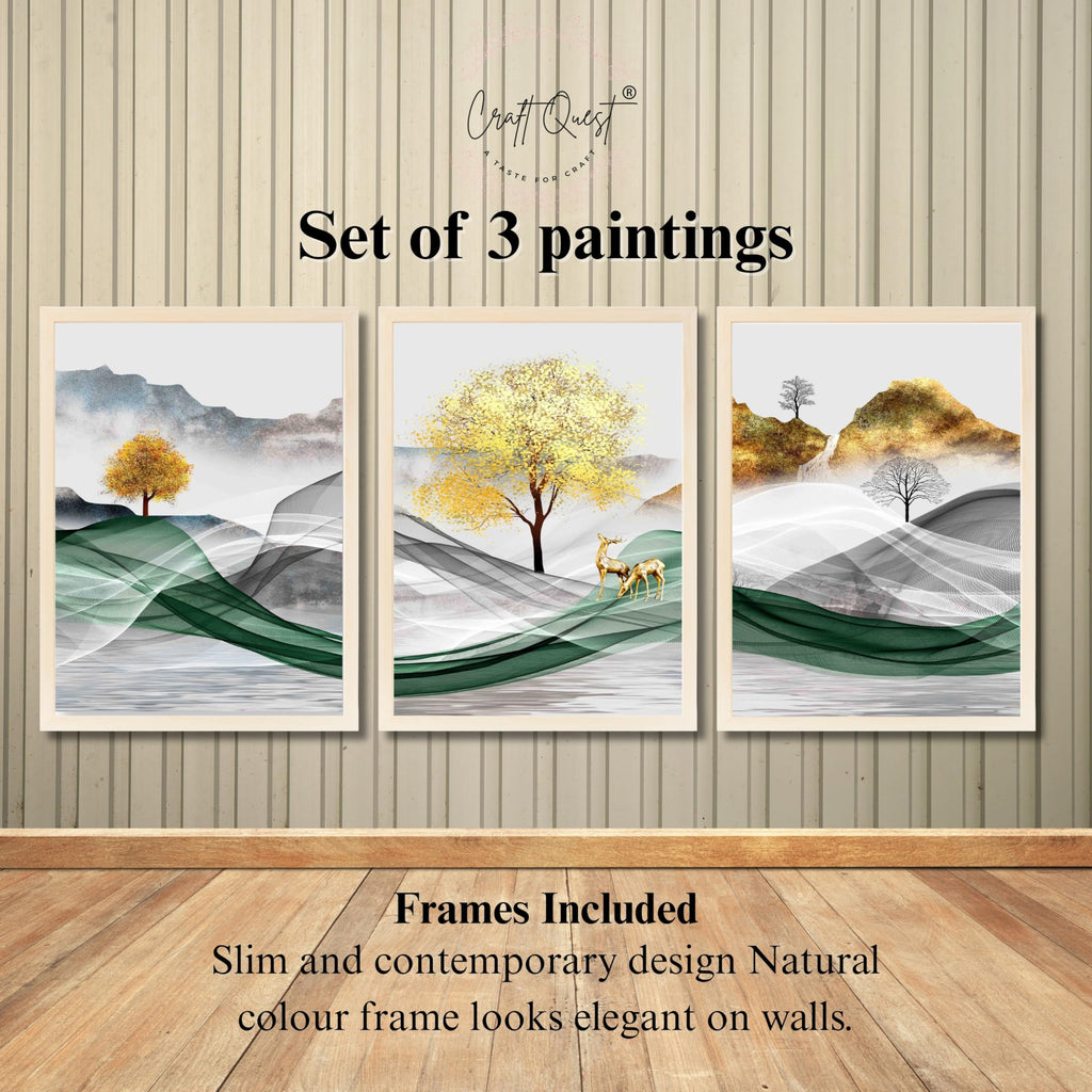 CRAFT QUEST Modern Art Landscapes Abstract Of Moose Golden Mural Wall Art | Set of 3 Frames for Home Decoration | Ideal for Living Room, Bedroom & Offices