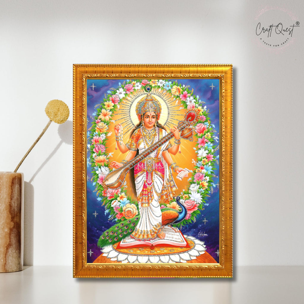 CRAFT QUEST Saraswati Devi Goddess Saraswati Maa Wall Painting Sparkle Coated Framed Home Decor wooden framed