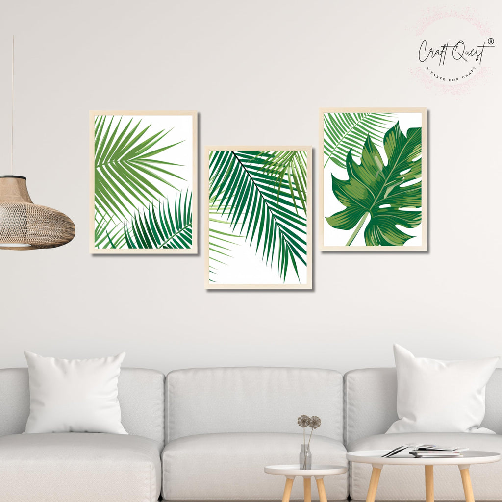 CRAFT QUEST Nature Inspired Tropical Palm Leaf Modern Wall Art | Set of 3 Frames for Home Decoration | Ideal for Living Room, Bedroom & Offices