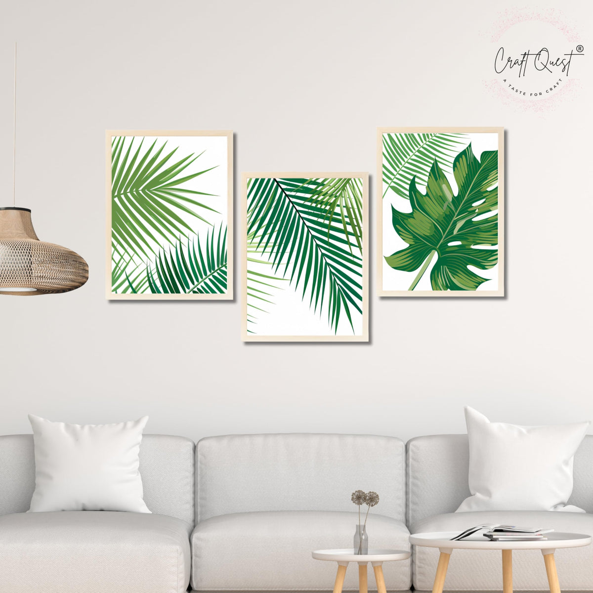 CRAFT QUEST Nature Inspired Tropical Palm Leaf Modern Wall Art | Set of 3 Frames for Home Decoration | Ideal for Living Room, Bedroom & Offices