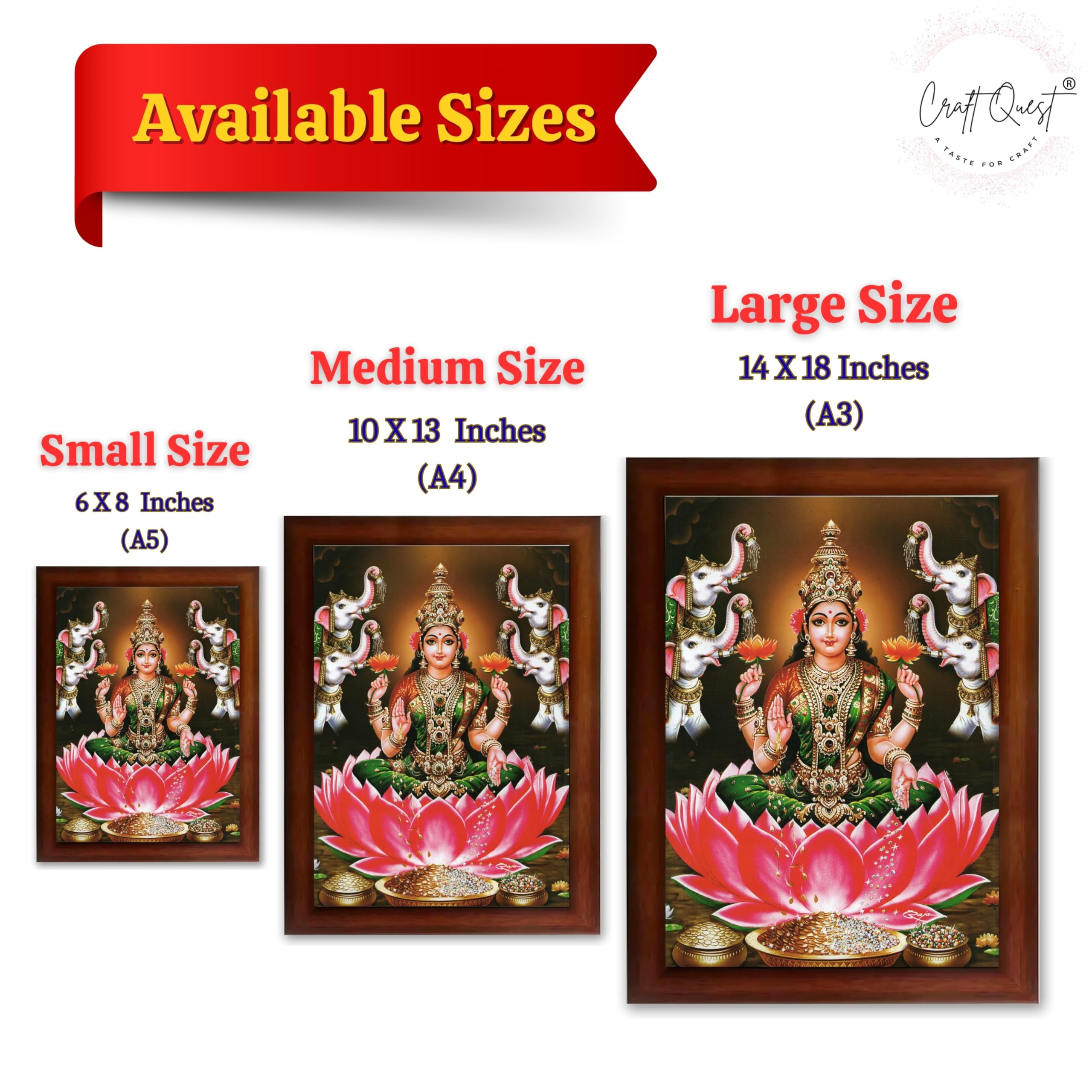 CRAFT QUEST Goddess Lakshmi Devi Vaibhav Laxmi Maa Wall Painting Photo Framed | Ideal for Home, Office, Temple & Puja Room, Wall Decor