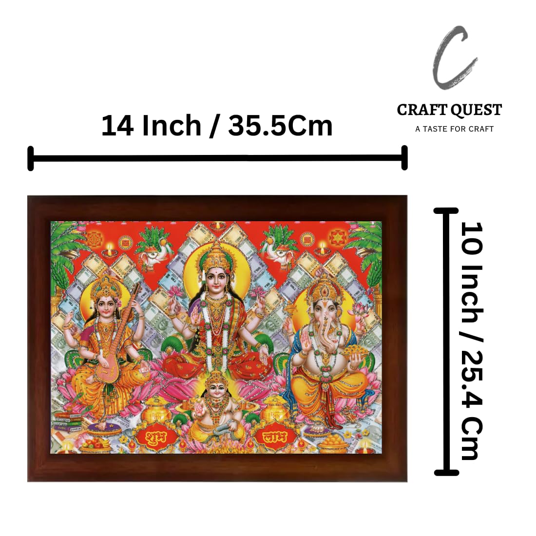 Craft Quest Goddess Lakshmi Devi with ganesh ji and saraswati maa Wall Painting Frame Home Decor Landscape (Synthetic, Matte Finish, Brown, Large Size, 14 X 10 Inch)