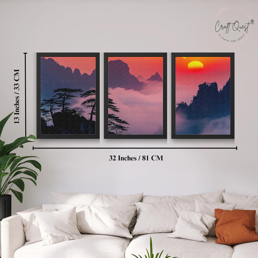 CRAFT QUEST Nature Inspired Mountains & Clouds Wall Art | Set of 3 Frames for Home Decoration | Ideal for Living Room, Bedroom & Offices