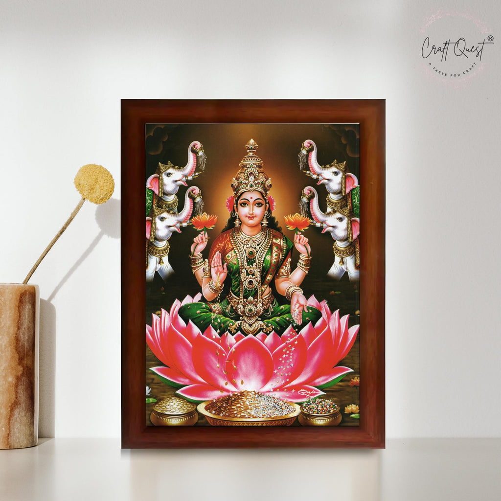 CRAFT QUEST Goddess Lakshmi Devi Vaibhav Laxmi Maa Wall Painting Photo Framed | Ideal for Home, Office, Temple & Puja Room, Wall Decor