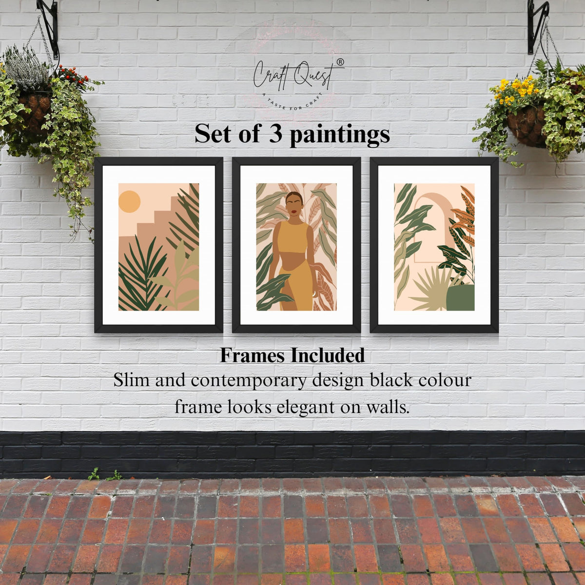 CRAFT QUEST Beautiful Abstract Of American Woman & Tropical Leaves Wall Art | Set of 3 Frames for Home Decoration | Ideal for Living Room, Bedroom & Offices