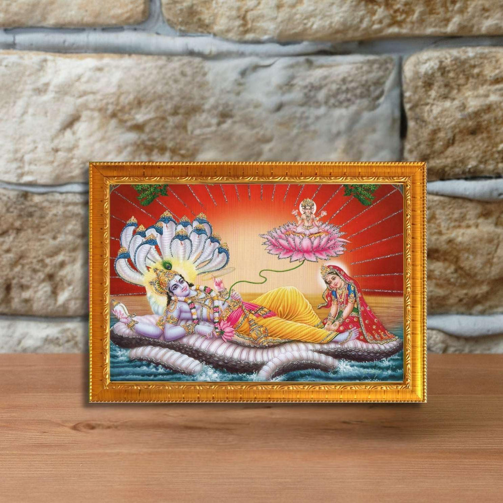 CRAFT QUEST Lord Vishnu and Goddess Lakshmi Giving Blessing on Shesh naag, landscape Glitter Painting with Golden Frame (6 X 8 Inches, Synthetic)