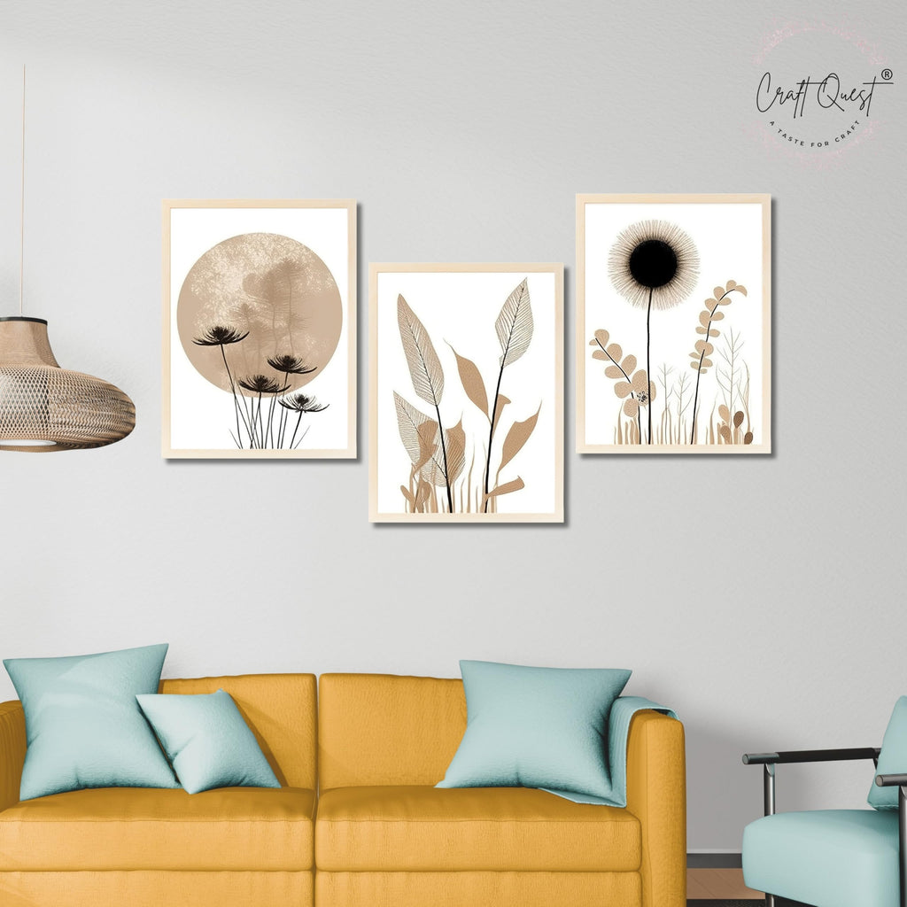 CRAFT QUEST Boho Minimalist Abstract Wall Art | Set of 3 Frames for Home Decoration | Ideal for Living Room, Bedroom & Offices