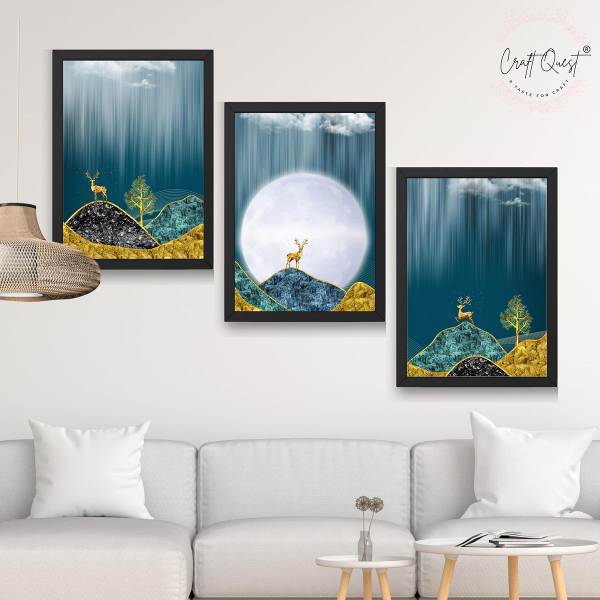 CRAFT QUEST Modern Art Landscape Of Moon & Golden Christmas Trees Wall Art | Set of 3 Frames for Home Decoration | Ideal for Living Room, Bedroom & Offices