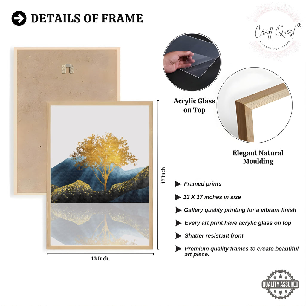 CRAFT QUEST Modern Abstract Golden Trees & Mountains | Set of 3 Frames for Home Decoration | Ideal for Living Room, Bedroom & Offices