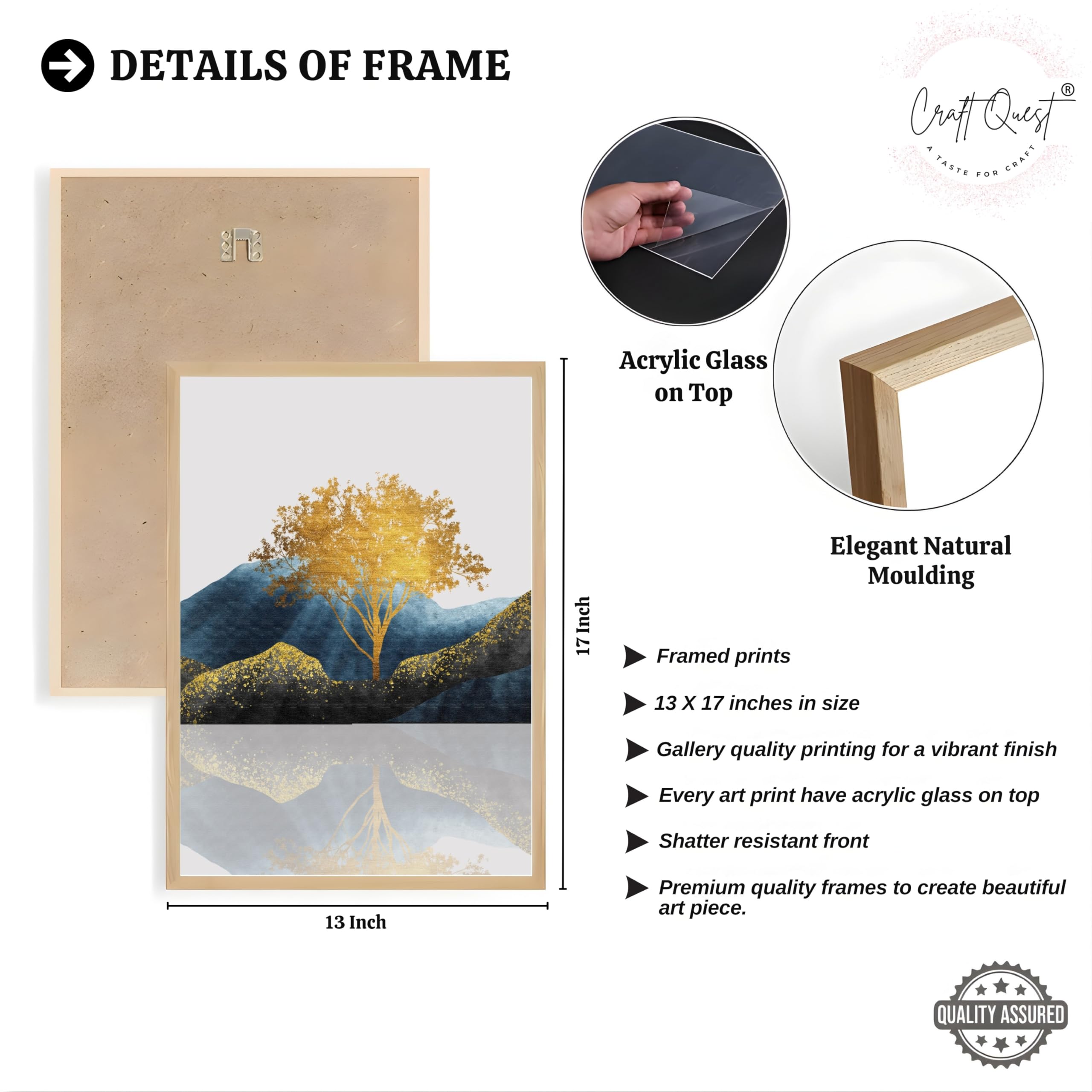 CRAFT QUEST Modern Abstract Golden Trees & Mountains | Set of 3 Frames for Home Decoration | Ideal for Living Room, Bedroom & Offices