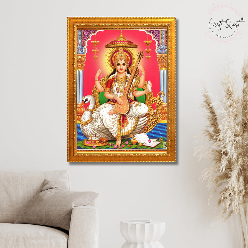 CRAFT QUEST Saraswati Devi Goddess Saraswathi Maa Wall Painting Sparkle Coated Framed Home Décor Synthetic wooden Framed