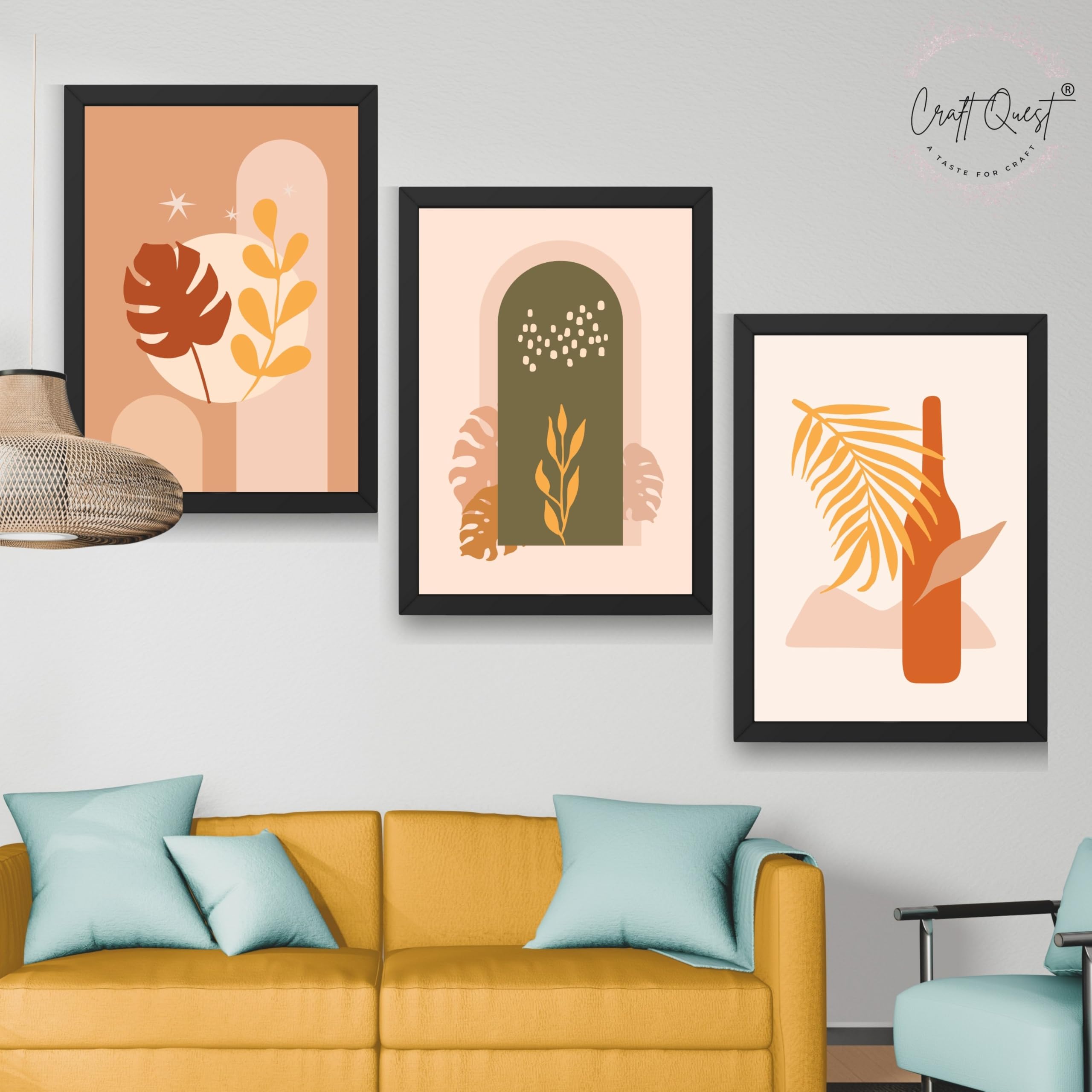 CRAFT QUEST Wall Art Decor Paintings | Set of 3 BOHO Wall Art Frames for Home Decoration | Ideal for Living Room, Offices & Bedrooms
