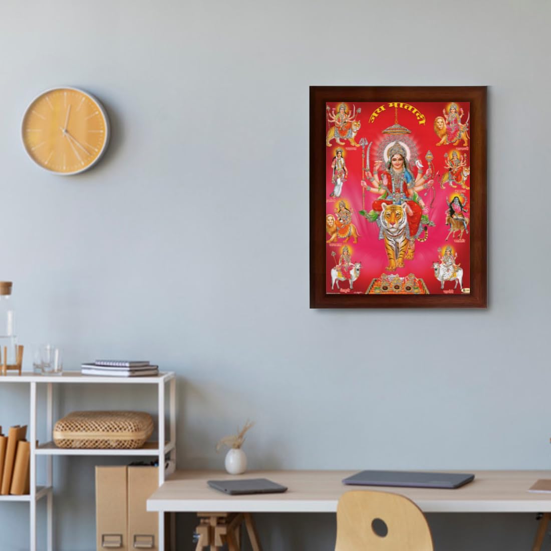 CRAFT QUEST Nav Durga mata photo with frame, Goddess Religious Framed Painting (Large Size, Brown 14 X 10 Inches)
