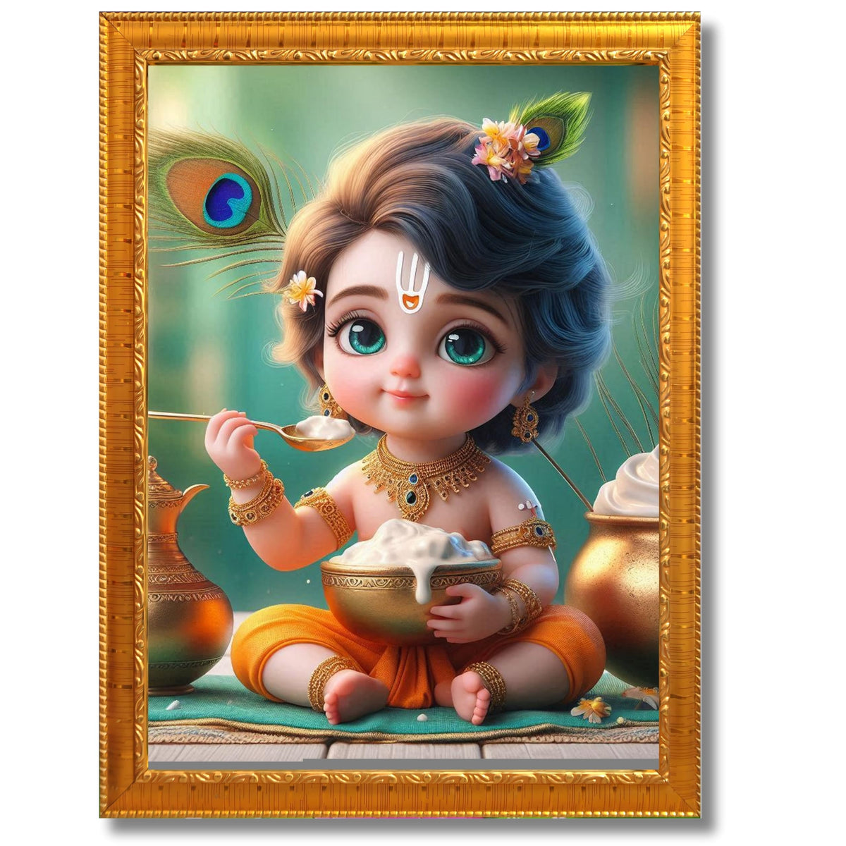 CRAFT QUEST Cute Baby Krishna HD Print | Little Krishna Frame for Home Temple, Office Desk, Car Dashboard