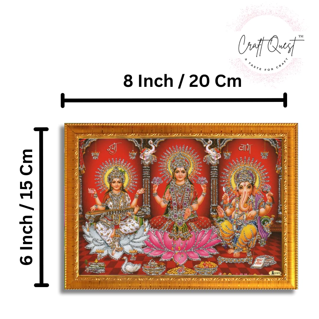 CRAFT QUEST Lakshmi Devi with ganesh ji and saraswati mata Wall Painting Frame Home Decor (Synthetic, Sparkle Finish, Golden, Small Size, 8 X 6 Inch)
