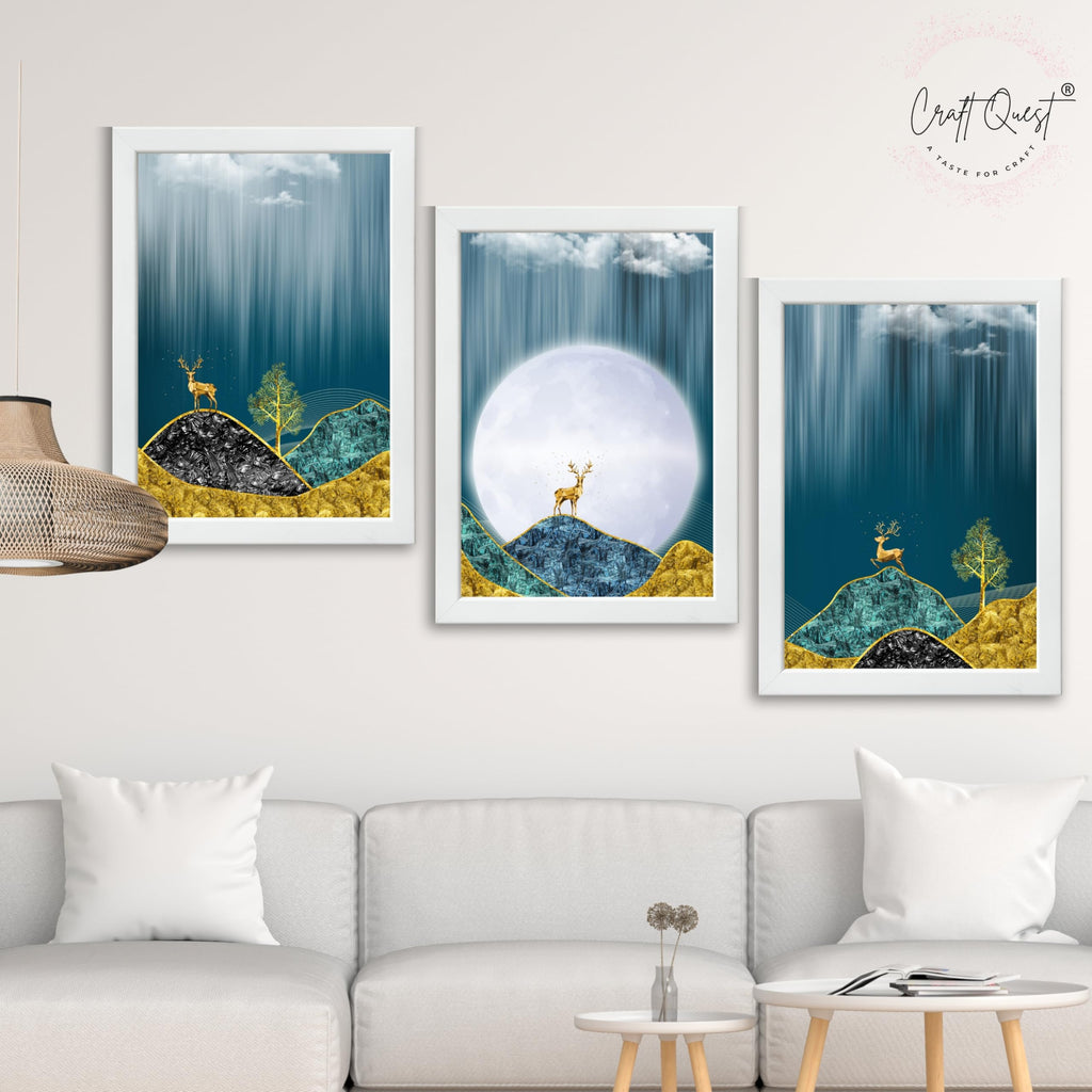 CRAFT QUEST Modern Art Landscape Of Moon & Golden Christmas Trees Wall Art | Set of 3 Frames for Home Decoration | Ideal for Living Room, Bedroom & Offices