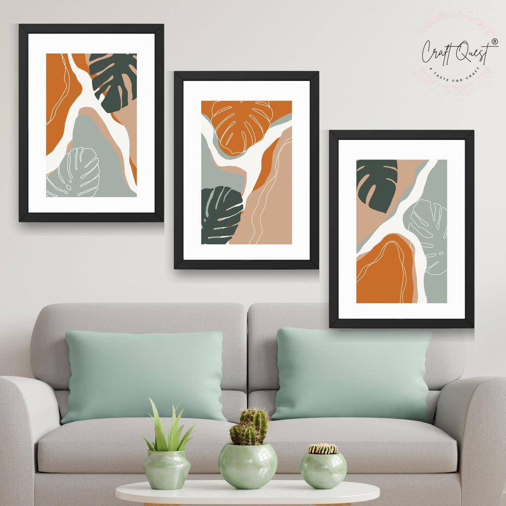 CRAFT QUEST SET OF 3 Organic Modern Leaf Wall Art | Set of 3 Frames for Home Decoration | Ideal for Living Room, Bedroom & Offices
