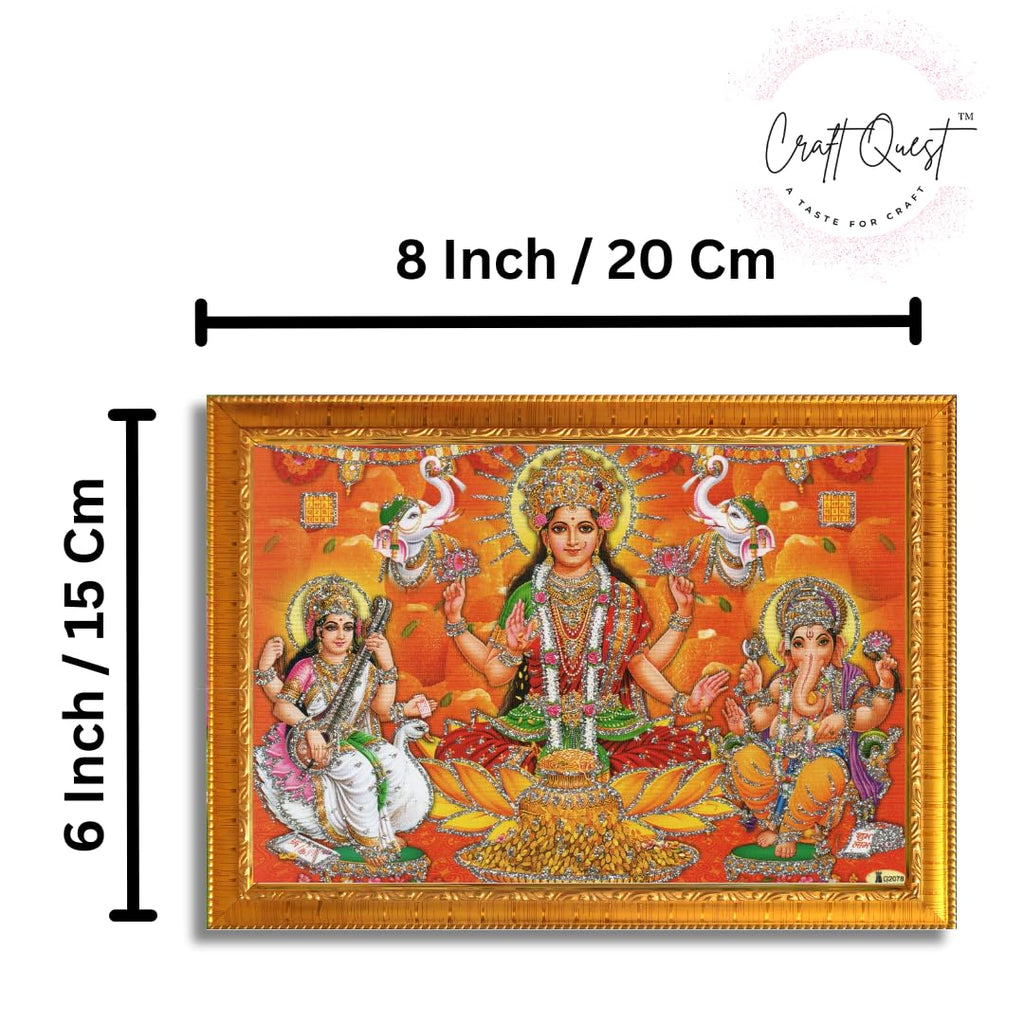 CRAFT QUEST Lakshmi Devi with ganesh ji and saraswati maa Wall Painting Frame Home Decor (Synthetic, Sparkle Finish, Large Size, Golden, 8 X 6 Inch)