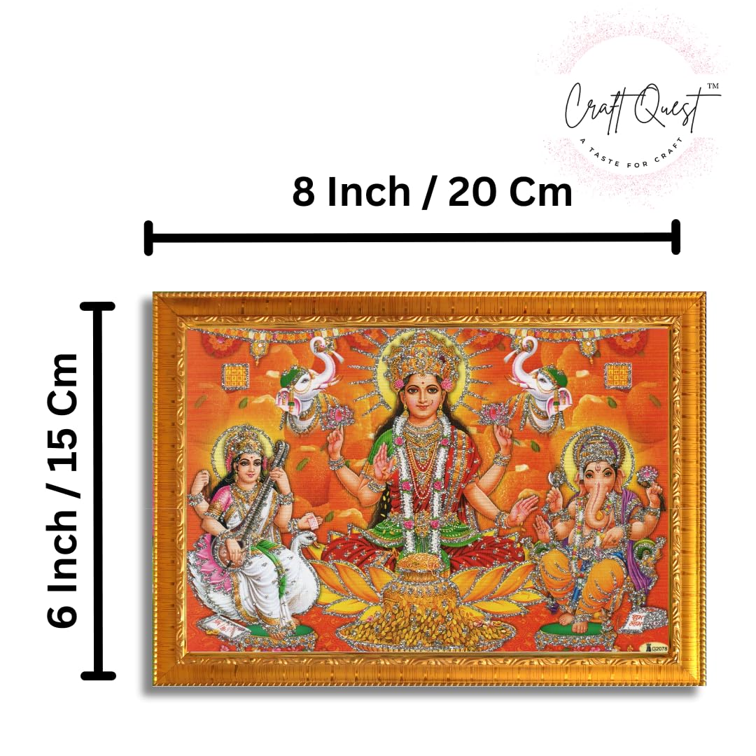 CRAFT QUEST Lakshmi Devi with ganesh ji and saraswati maa Wall Painting Frame Home Decor (Synthetic, Sparkle Finish, Large Size, Golden, 8 X 6 Inch)