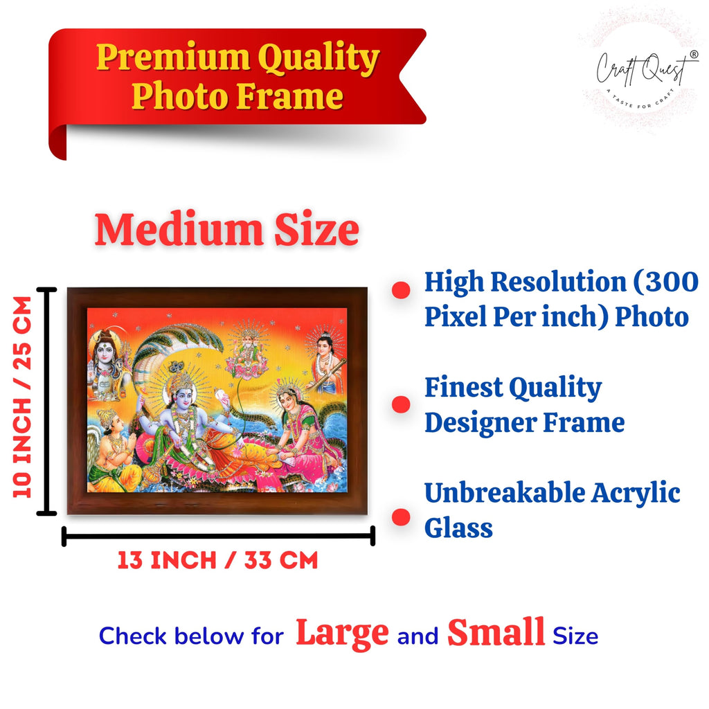CRAFT QUEST Goddess Lakshmi pressing legs of lord Vishnu on Shesh naag, Glitter Work Painting wooden frame
