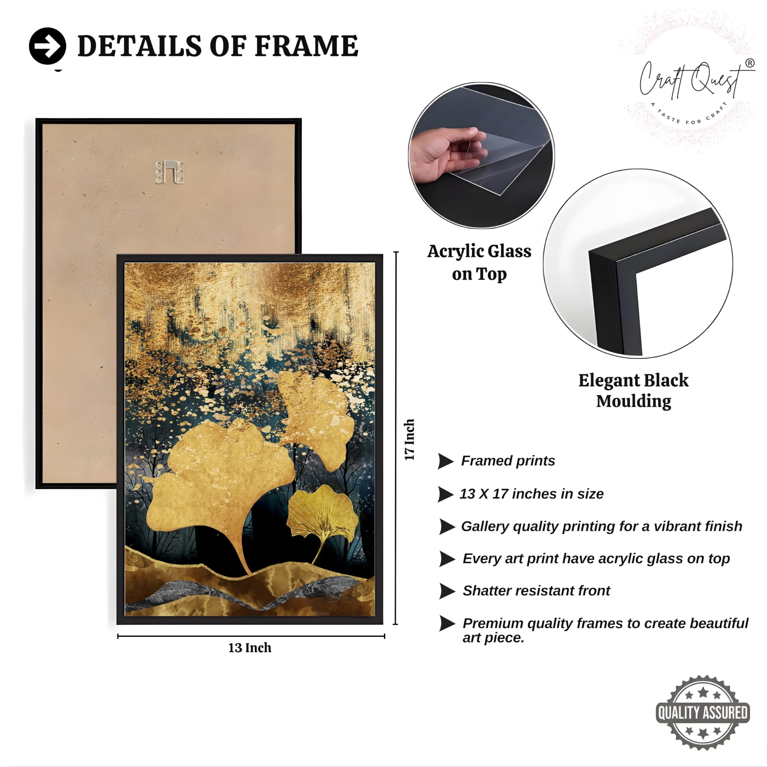 CRAFT QUEST Modern Art Of Ginko Leaves With Golden Mountains Wall Art | Set of 3 Frames for Home Decoration | Ideal for Living Room, Bedroom & Offices